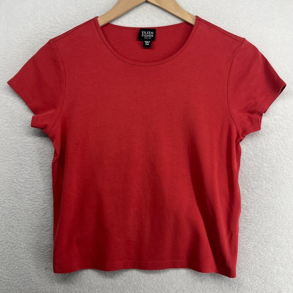 EILEEN FISHER Top PM Petite Cotton Interlock Jersey Crewneck Short Sleeve Red